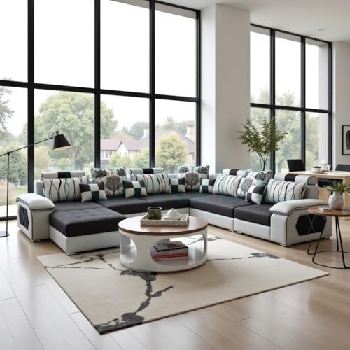 Image of Silvester 12 Seater Sofa Set for Living Room (Black-Grey) | Interchangeable U Shape Sectional Sofa | Solid Wood Frame & High-Density Supersoft Foam | Includes Puffy & Stool | Modern Home Furniture