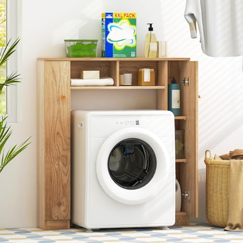 Giantex Over The Toilet Storage Cabinet, Double Door Freestanding Bathroom Organizer w/ 2 Open Compartments & 4 Adjustable Shelves, Bathroom Space Saver, Laundry Room Storage Rack (Natural)