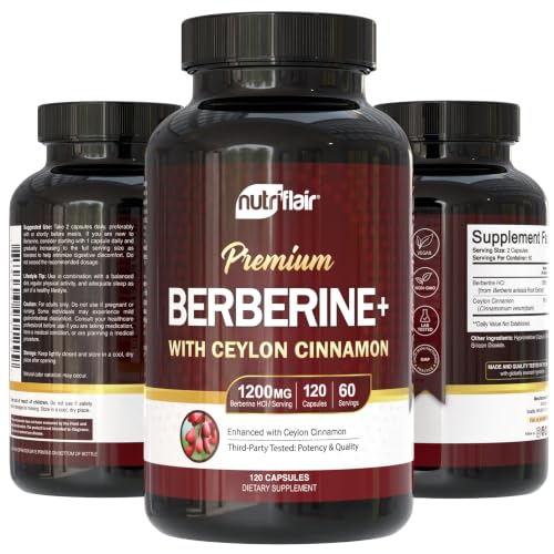 Image of NutriFlair Berberine HCl 1200mg, 120 Capsules - Plus Ceylon Cinnamon, Berberine HCI Root Supplements Pills - Made in USA