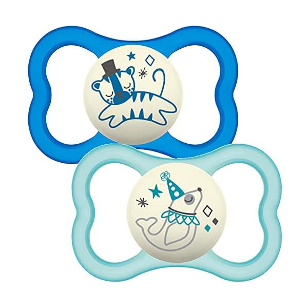 MAM Air Schnuller 6+ Monate (2 Stück), Baby Schnuller mit sterilisierender Reiseetui, Baby Essentials, Blau und Creme…