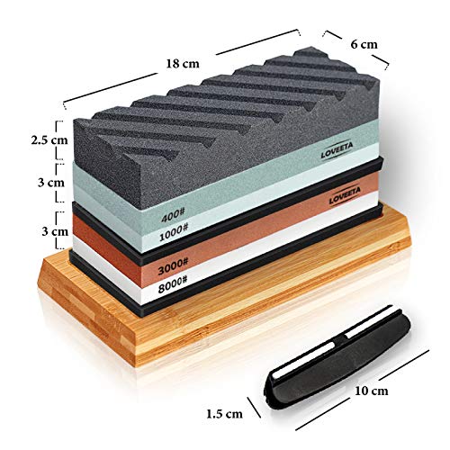LOVEETA Sharpening Stone Whetstone Knife Sharpener - Wet Stones Kit Premium Dual Side Grit 400/1000 3000/8000 Waterstone Set with Non Slip Bamboo Base, Flattening Stone and Angle Guide - Thumbnail 6