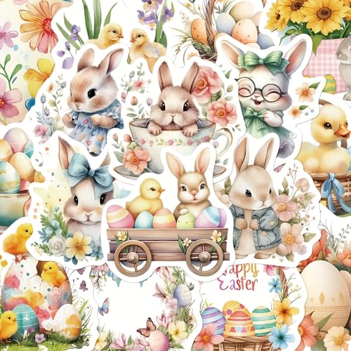 50Pcs Easter Sticker Pack, Cute Bunny Chick Egg Designs with “Happy Easter” Text, Self-Adhesive PVC Decals for Phone Case, Fridge, Skateboard, Tablet, Guitar, Festive Decor & Gift Sealing