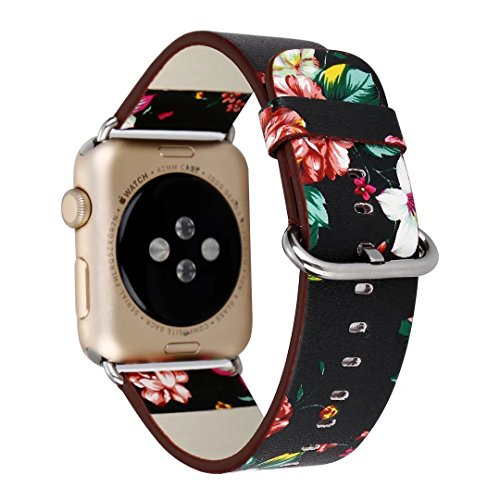 MagicFeel Floral PU Leather Replacement Strap Wrist Watch Band Compatible for Apple Series 1 Series 2 Series 3 (Black)