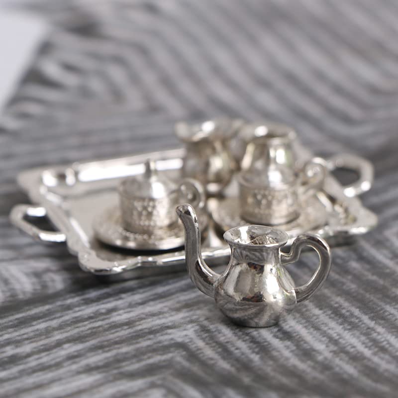 10pcs Miniature Silver Metal Teapot Coffee Tray Figurine Tableware Set for Home Office Desktop Decor - 5