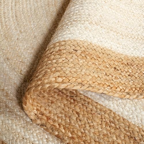 Image of Jute Round Rug Off White - 180 cm Handwoven Boho Braided Carpet, Natural Fiber Area Rug for Living Room, Bedroom, Dining & Patio - Eco-Friendly Durable Floor Mat