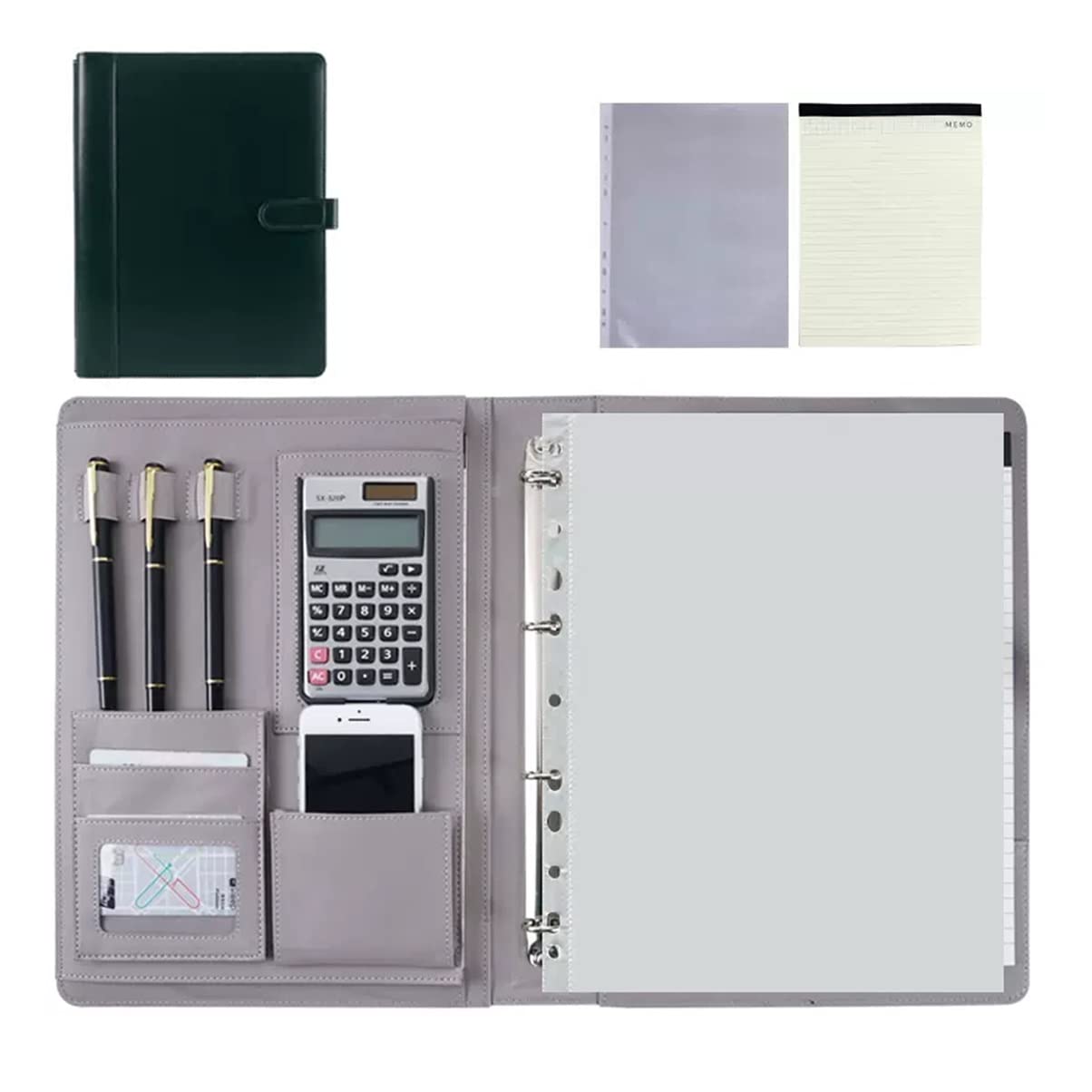 Teczka konferencyjna Organizer na dokumenty， Teczka A4 z schowkiem i miejscem do przechowywania, teczka konferencyjna A4 z segregatorem 4-ringowym(Dark Grey,8digit calculator)