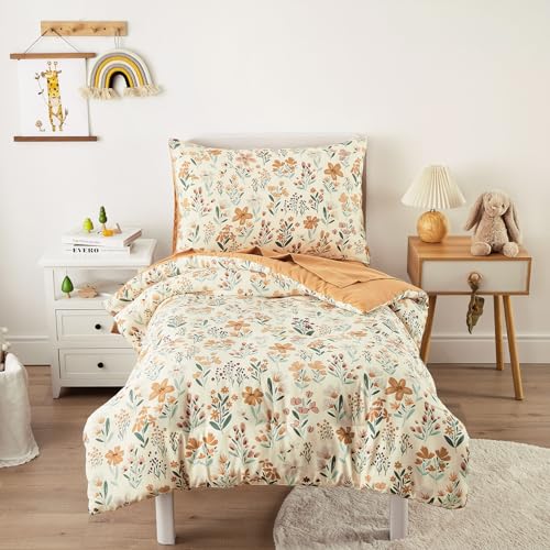 Wake In Cloud - Floral Toddler Bedding Set for Girls, Cute Colorful Botanical Flowers, 4 Pieces Soft Crib Bed Set Including Comforter, Sheets and Pillowcase, Orange Cream