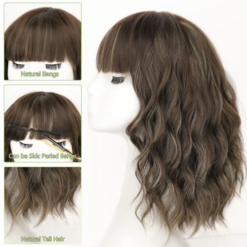 Image of AISI HAIR Curly Bob Wig with Bangs Short Wavy Warm Medium Brown with Golden Highlights. Color Wigs for Women Bob Style Synthetic Heat Resistant Bob Wigs