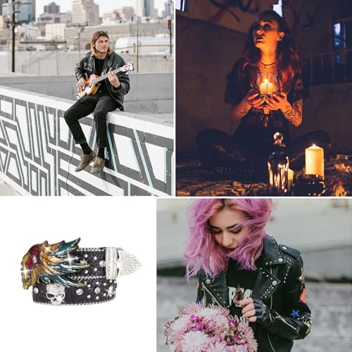 Sparkly Sequin Studded Belt with Bright Round Crystal and Skull Head Punk Rivet Strap Rhinestones Western Boucle4