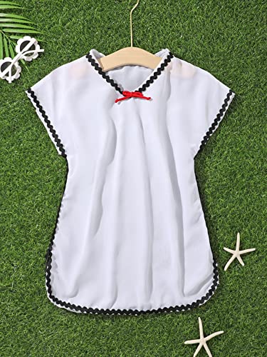 Image of Milumia Girl's Bowknot Mesh Coverups V Neck Ruffle Trim Swimsuit Cover Up White and Black 8 Years