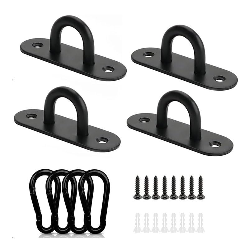 NIYATA Pad Eye Plate Set with Carabiner Clips, 4 Pack M6 Stainless Steel Ceiling Hook Plates with Screws & Wall Plugs, Heavy Duty Eye Hook for Training Straps, Shade Sails, Yoga Hammocks, Home Gym