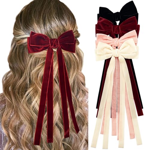 BETITETO Big Velvet Hair Bows for Women Girls 4pcs Elegant Bow Alligator Hair Clips with Long Tail Ponytail Holder Accessories Gift for Her (Beige + Black + Pink + Wine Red)
