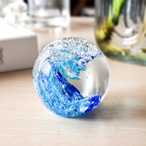 QIANCHANG 3.15\" Large Ocean Wave Glass Paperweight, Hand Blown Sea Glass Figurines, Blue Waves Decor Coastal Beach Themed Gifts - Thumbnail 6