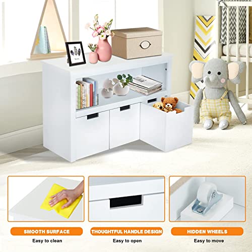 Kinsuite 3 Drawers Kids Toy Storage Cabinet - Kids Bookcase With 12 Hidden Wheels, Multifunctional Floor Storage Chest With Large Storage Shelf, Cabinets & Shelves For Playroom Storage, White #TOP3