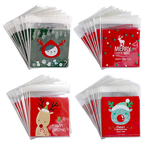 Vidillo 400Pcs Sacs à Bonbons de noël Auto-Adhésifs Sac Sachet Mignons Motif de Arbre de Noël Pochette Sachet pour Bonbon Biscuit Chocolat Friandise Sucreries Sacs de Cadeaux pour Candy Bar(Red)
