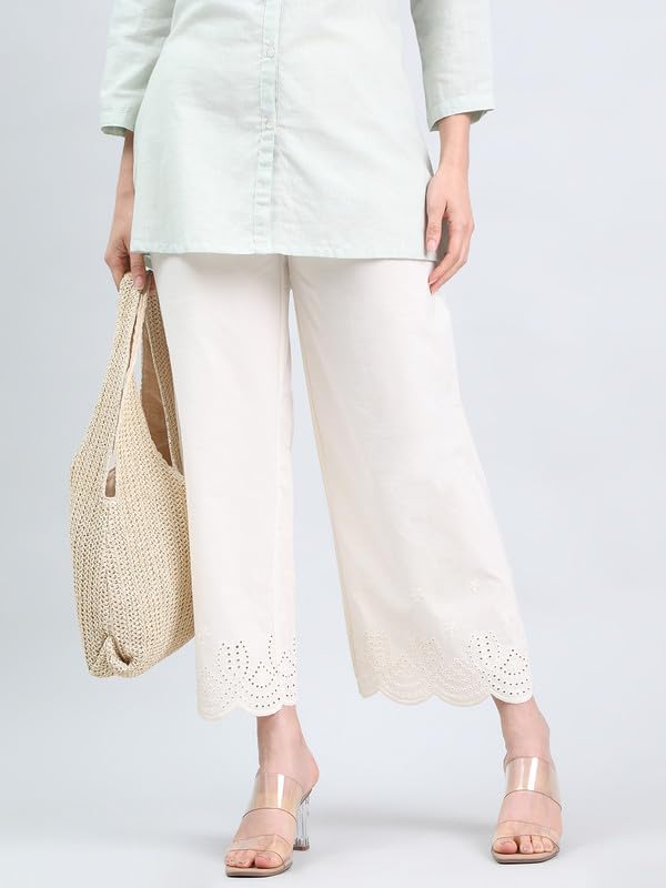 Image of GO COLORS Women's Cotton Hakoba Palazzo | Ankle Length, Schiffli Embroidery, Relaxed Fit, Mid-Rise with Side Pocket