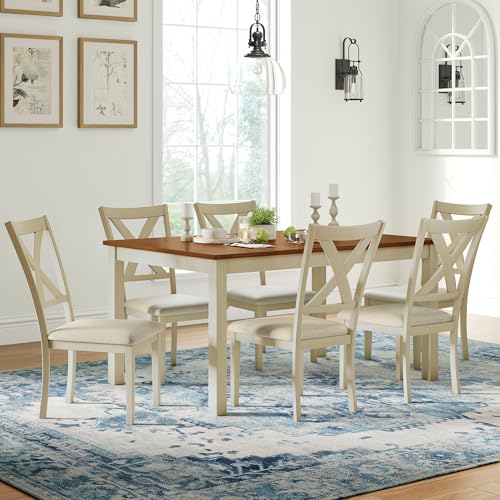 AMERLIFE 7-Piece Farmhouse Solid Wood Dining Table Set with 6 Upholstered Chairs, 60' Space Saving...
