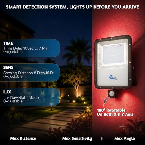 Image of Forus 100W LED Flood Light Red with Motion Sensor Auto On Off Day Night Mode Waterproof Outdoor Security Light for Garden Parking Garage Factory Warehouse Shop High Bright Floodlight 4Yr Warranty-1Pc
