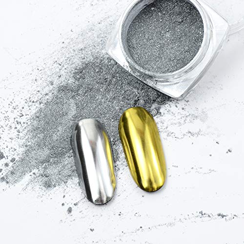 Metallic Chrome Powder, 2 Jars Nail Art Mirror Glitter Effect Chrome Pigment Powder Dust Gold Silver Chrome Nail Powder Manicure Tips With Sponge Applicators #TOP1