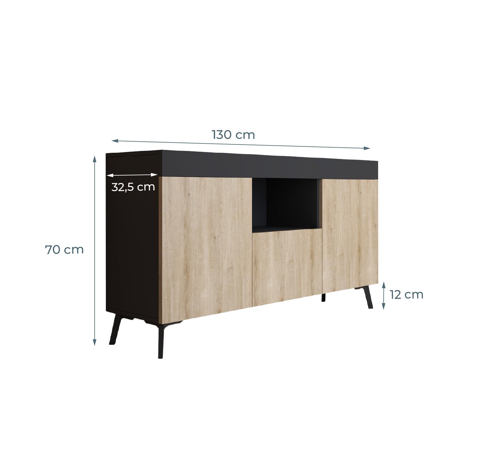 MB Muebles Bonitos | Aparador bajo Kai con 3 Puertas para Salón Comedor Moderno | Mueble de Melamina Mate | Color Negro y Sonoma | 130x70x32,5 cm