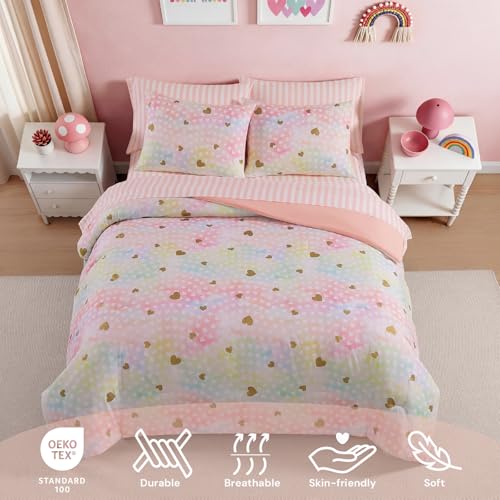 Image of BLOOMHAVEN Full Size Comforter Sets for Girls, 7 Pieces Pink Bedding Set with Colorful Gold Heart, All Seasons Kids Bed in a Bag with Sheets, Pillowcases & Shams
