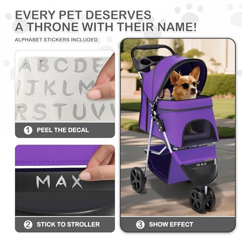 Image of MoNiBloom 3 Wheels Pet Dog Cat Stroller for Small Medium Dogs Cats, Lightweight Foldable Jogger Stroller w /Storage Basket and Cup Holder, Purple