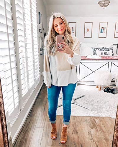 Ecowish Women Sweater Long Sleeve Color Block Knit Pullover Sweaters Crew Neck Patchwork Casual Loose Jumper Tops Beige Small #TOP4