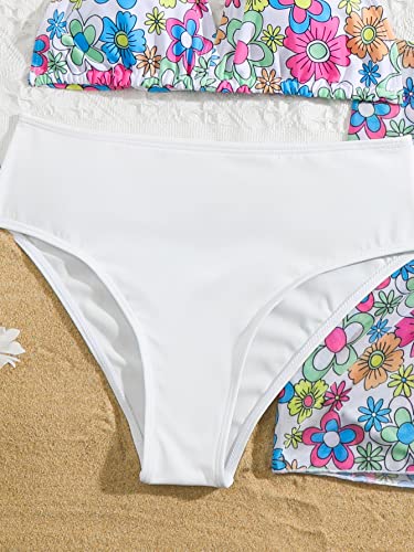 Image of Milumia Girl's 4 Piece Swimsuit Tropical Print Spaghetti Strap Bikini Sets with Coverups Multi Floral 8-9 Years