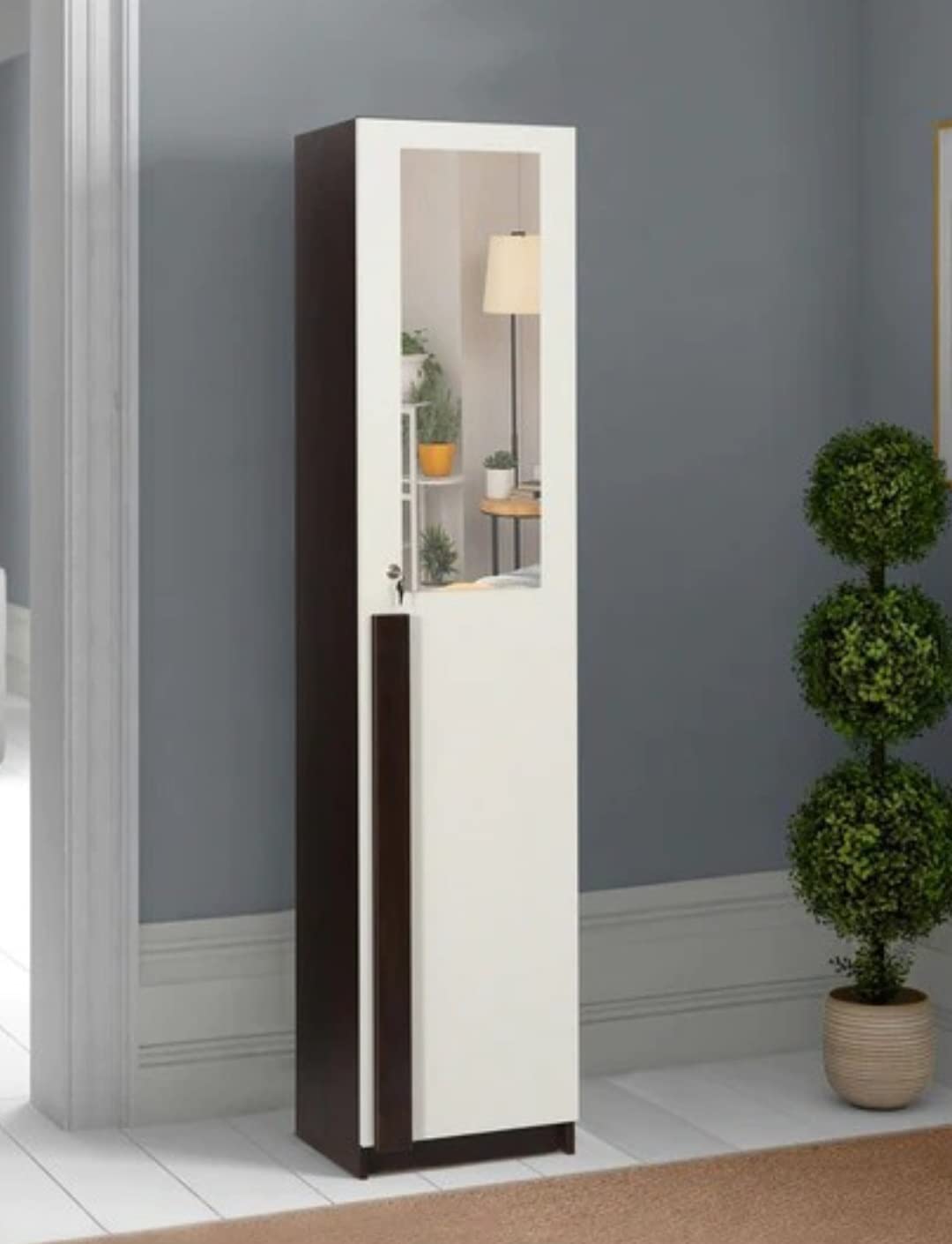 Single Door Wardrobe with Shelves and Drawer/Frosty White and Wenge Finish/Mirror-image-19