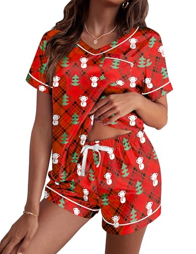 Image of Ekouaer Silk Pajama for Women Short Sleeve Satin Pj Set Two Piece Soft Sleepwear Loungewear Casual PjsRed Christmas Teddy L