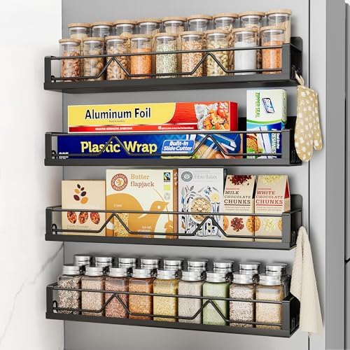 16.9 Inch Wide Large Capacity Magnetic Spice Rack for Refrigerator, 4 Pack Metal Fridge Shelf, Black
