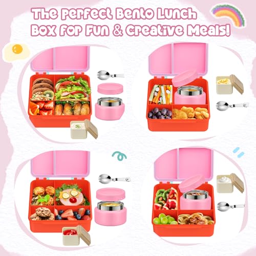 Image of Bento Lunch Box for Kids with 9oz Soup Thermo, Leakproof Lunch Food Containers with 4 Compartment, Kids Thermo Hot Food Jar for School Travel