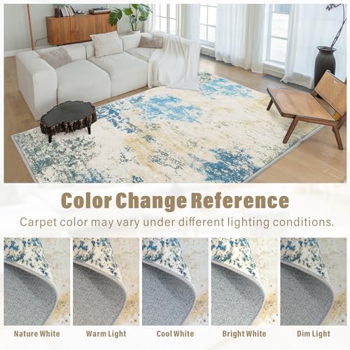 Carvapet 12x9 Area Rug for Living Room Bedroom – Washable 9 x 12 Blue Modern Abstract Carpet, Low Pile, Non-Slip, Foldable Large Area Rug with Rubber Backing