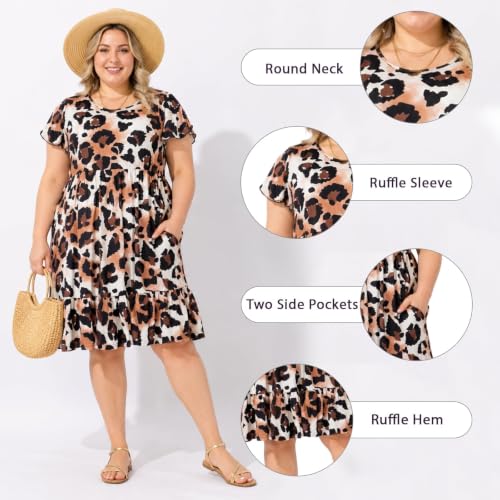 Image of Women's Plus Size Casual Dress Crew Neck Ruffle Floral Short Sleeve Summer Midi Dresses with Pockets