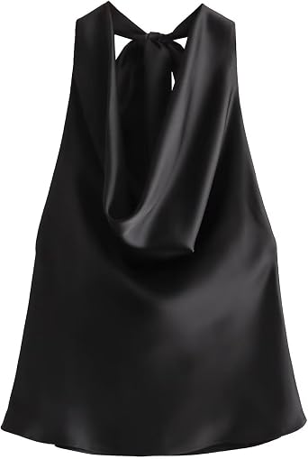 CORIRESHA Womens Elegant Satin Tie Back Cowl Neck Sleeveless Silk Backless Tank Top