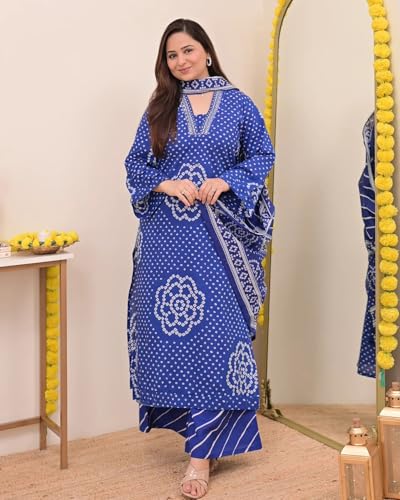 Image of Klosia Women Pure Cotton Kurta Pant Set with Dupatta | Bandhani Print Kurta Sets for Women | Comfortable Suit Sets|Regular Fit
