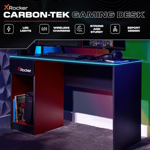 X-Rocker Carbon-Tek Black 123 x 52cm RGB Gaming Desk, Large Gaming Table Top for Laptop, Customisable RGB LED Lighting Strip with Wireless Phone Charge Kids Bedroom - GREY/RED - Image 4