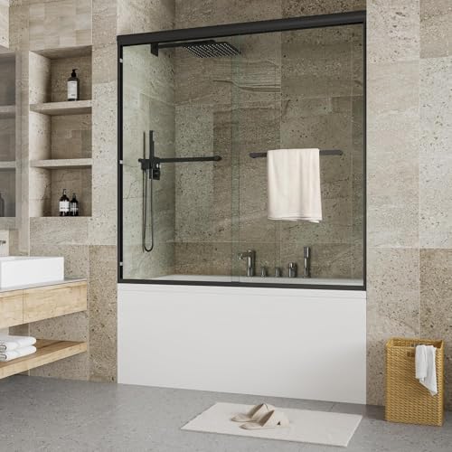 Double Sliding Shower Door, 56'-60' w x 59' h Semi-Frameless Bypass Bathroom Door with 1/4' Tempered Glass,Matte Black Finish for Walk-in Shower