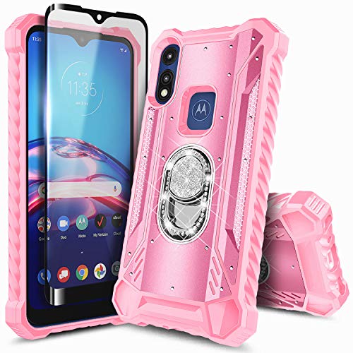 E-Began Case for Motorola Moto E (2020) with Tempered Glass Screen Protector (Full Coverage), Aluminum Magnetic Metal Built-in Diamond Ring Stand, Full-Body Protective Shockproof Case (Pink)