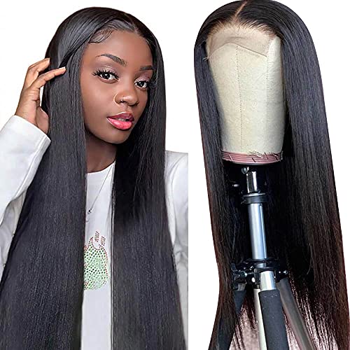 QTHAIR 4x4 Lace Front Wigs Straight Hair Brazilian Virgin Human Hair Lace Closure Wigs For Black Women 150% Density Pre Plucked With Elastic Bands Natural Color (26 inch, straight wig)