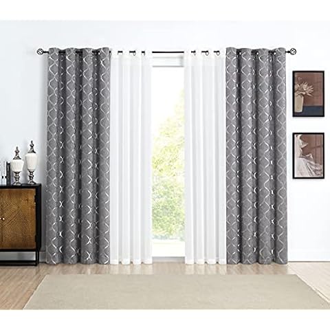 Bujasso Grey Patterned Room Darkening Curtains 63 inches Long Set of 4 Living Room Mix and Match Sheer and Silver Geometric Moroccan Metallic Sparkle Blackout Window Curtains W52 xL63 x4,Grommet Top Cover