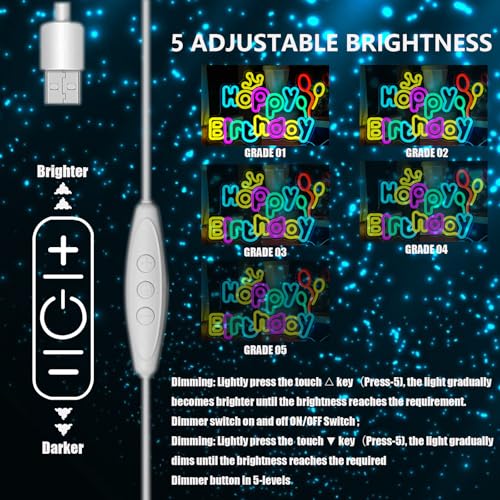 Image of Happy Birthday Neon Sign, USB Powered Dimmable LED Light up Sign for Backdrop Wall Decor,Plug & Play Birthday Decoration for Party, Works with Power Bank /Laptop /Adapter, Reusable Happy Birthday Light (16.54 inchx10.39 inch)