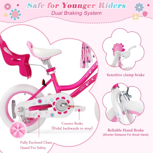 Image of Glaf Toddler Girls Bike for Age 2-12 Years Old | 12 14 16 20 Inch Kids Bike Girls Bicycle with Training Wheels,Basket,Doll Seat,Princess Style Kids Bicycle Gift