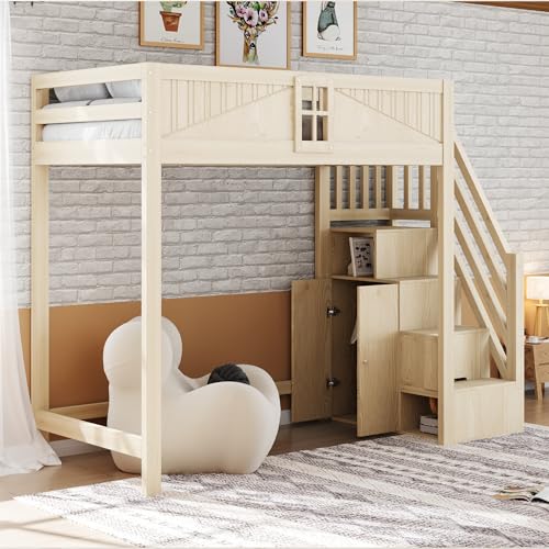 Merax Massivholz-Hochbett 90x200 cm, Kinderbett mit Seitliche Ablage & Austauschbarer Leiter Links/Rechts, Multifunktionsbett mit Stauraum, Holzfarbe (ohne Matratze)