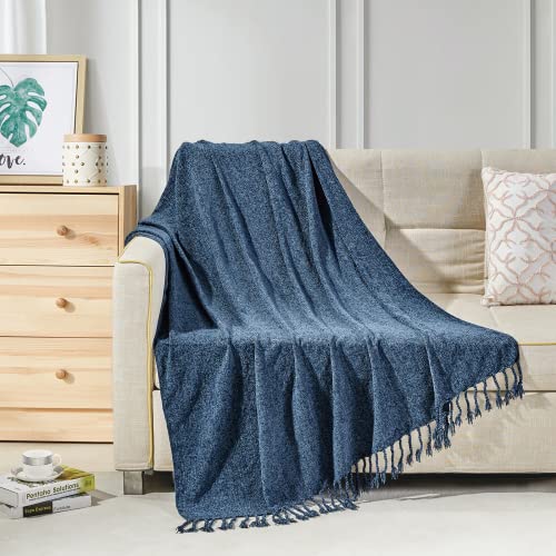 BOURINA Chenille Throw Blanket with Decorative Fringe for Couch Sofa Chair,Navy,127x152cm