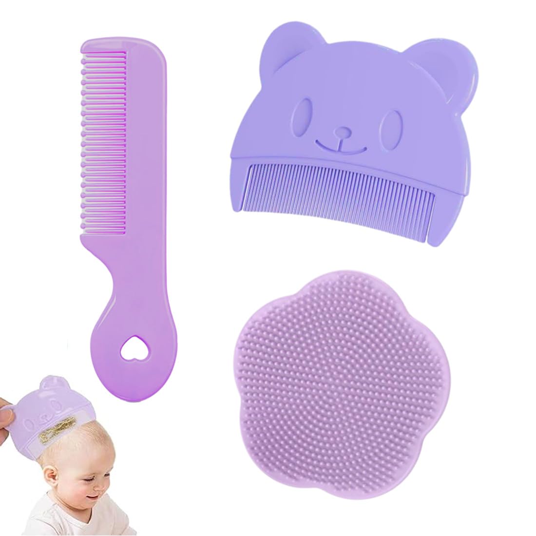 Spazzola da bagno, 3 Pezzi Pettine Neonato,Pettine Crosta Lattea,Spazzola e Pettine Neonato,Pazzola per Bambini In Silicone Adatto Per Il Massaggio Del Cuoio Capelluto Del Neonato (C)