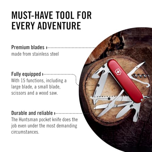 Image of Victorinox Huntsman Swiss Army Knife, 15 Functions, Swiss Made Pocket Knife with Large Blade, Screwdriver, Scissors and Wood Saw - Red