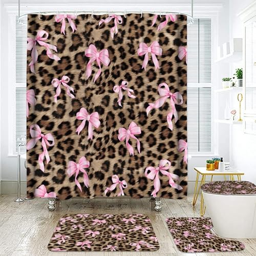Onalasyc 4 Pcs Leopard Shower Curtain Cheetah Bow Print Bathroom Set Shower Curtain Sets with Rugs Waterproof Brown Pink Bow Animal Print Bathroom Curtains Shower Set 12 Pcs Hook 71 x 71 in