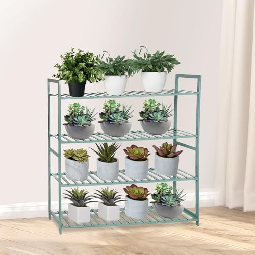 Image of Naayaab Craft Bamboo 4 Tier Plant Shelf Rack, Multi Functional Flower Pot Organizer, Plant Display Stand for Balcony, Living Room & Garden - (Green, 100 x 25 x 100cm)