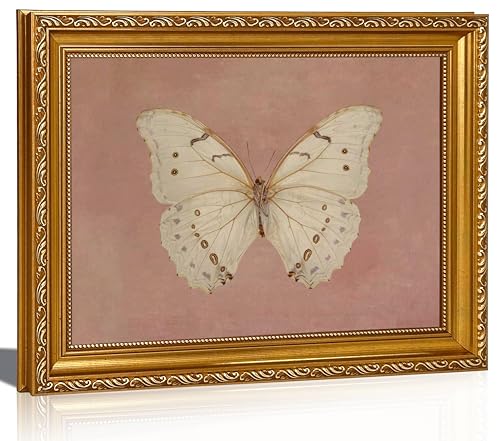 Image of Gold Framed Wall Art Moody Butterfly Painting Wall Decor Neutral Moody Insect Pink Antique Moth Picture Rustic Farmhouse Style Poster Prints for Bedroom Living Room Home Decoration 9x11in